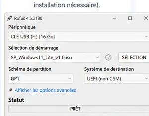 Exemple de fenêtre de configuration Rufus